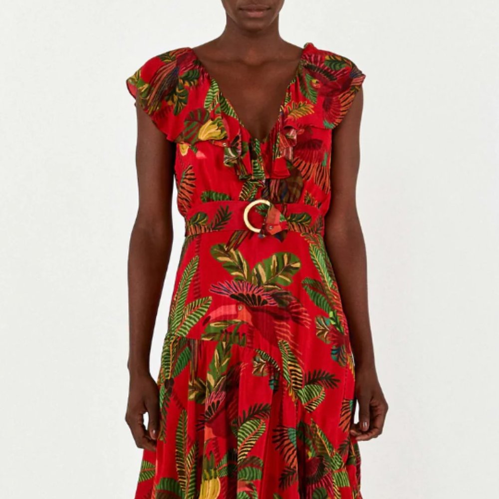 FARM Rio Red Tropical Leaf Midi Dress with Green Accents